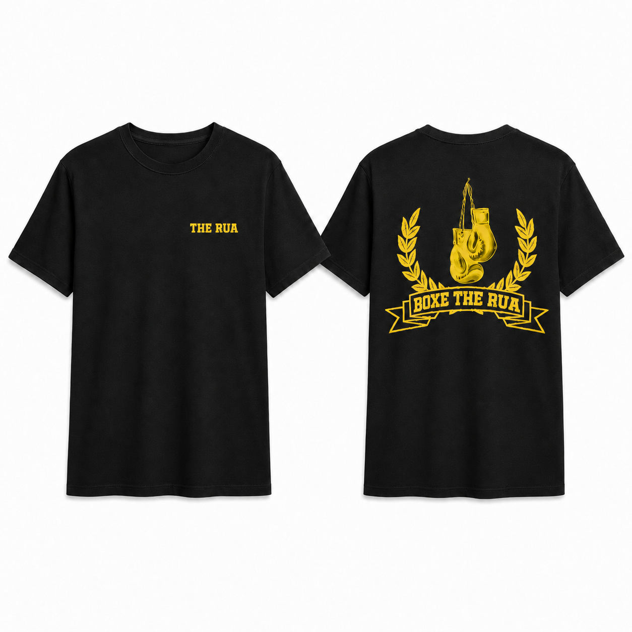Camiseta preta The Rua Boxing com estampa amarela